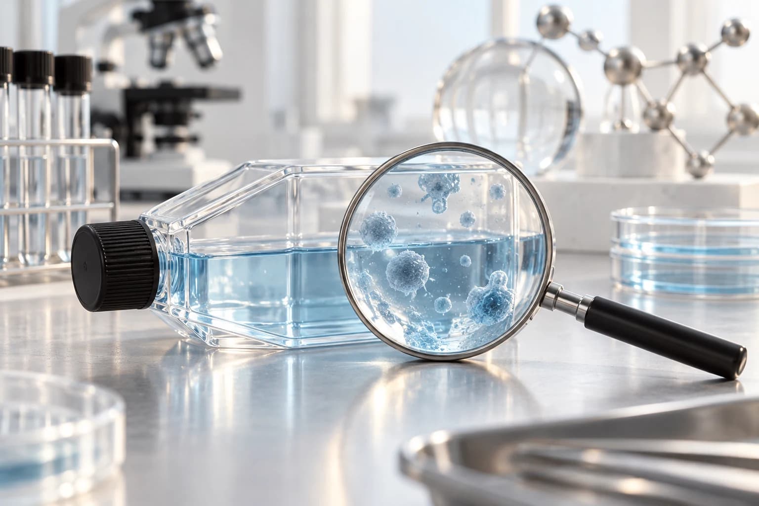 Culture flask and magnifying glass showing conceptual tiny particles, clean microscopy desk.