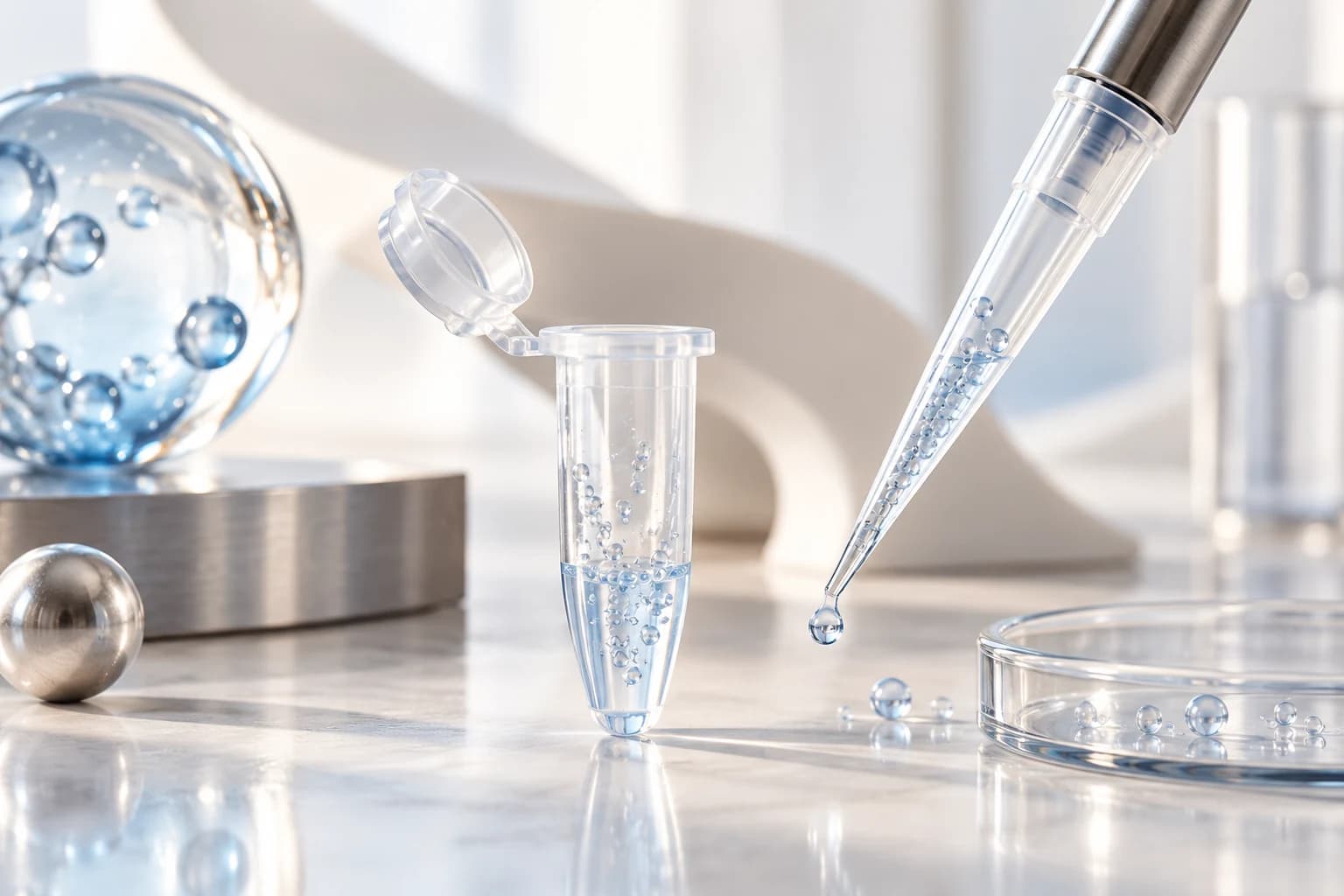 Clear pipette tip and sample tube with subtle beads conceptually associated with inner glass surface.