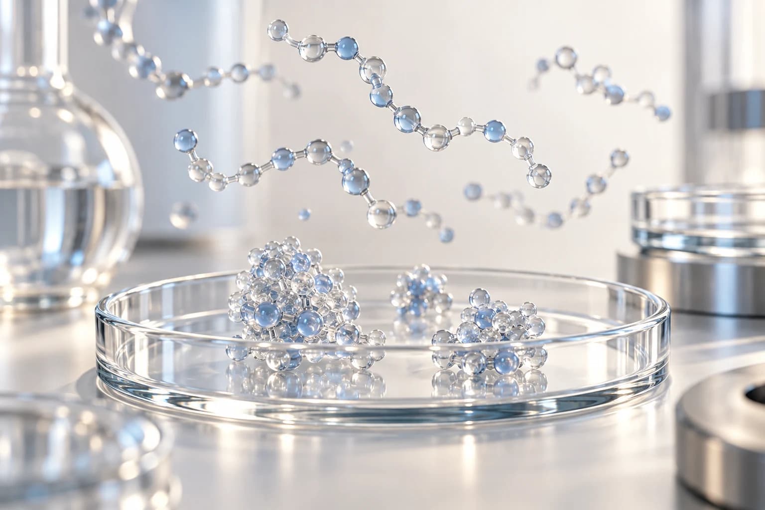 Transparent molecular bead chains gathered into small clusters beside dispersed chains above a glass dish.