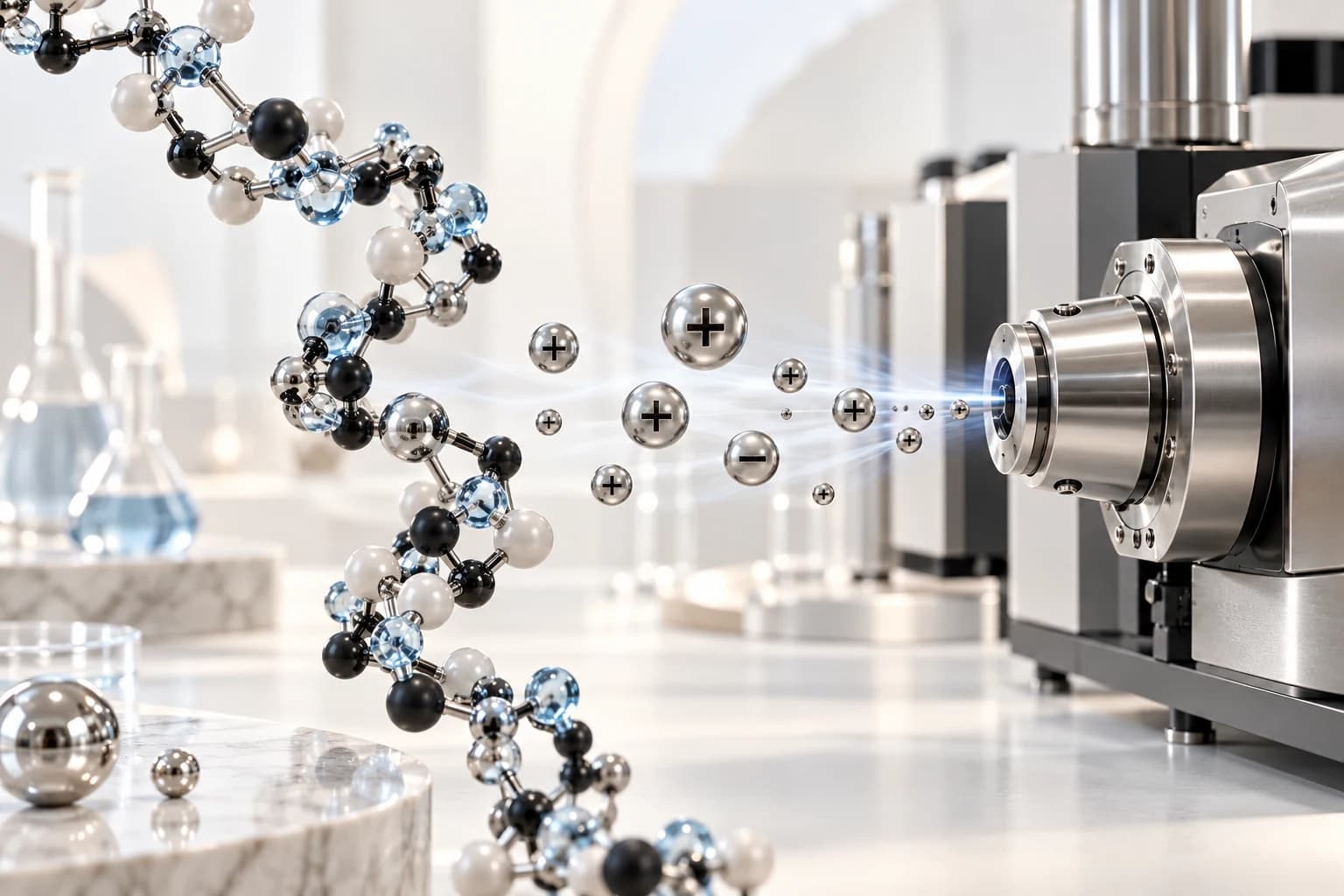 Abstract molecular chain beside varied charged-looking silver spheres and a silver mass spectrometer.
