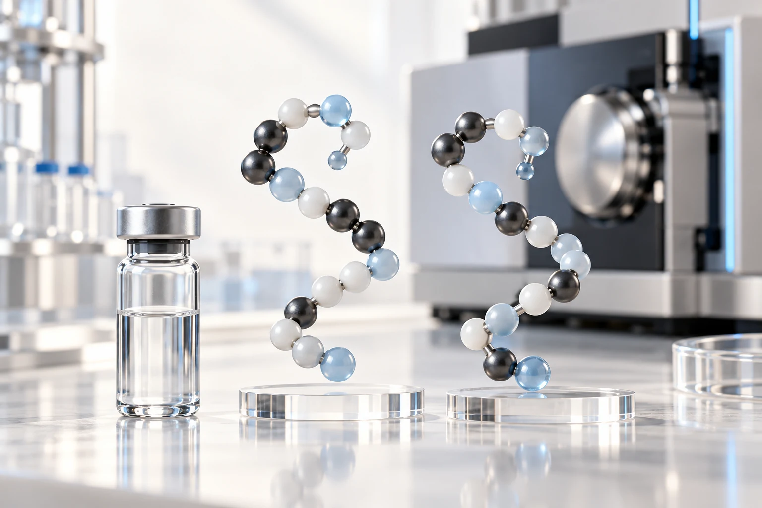Two similar molecular bead chains with small subtle structural differences beside LC-MS vial.