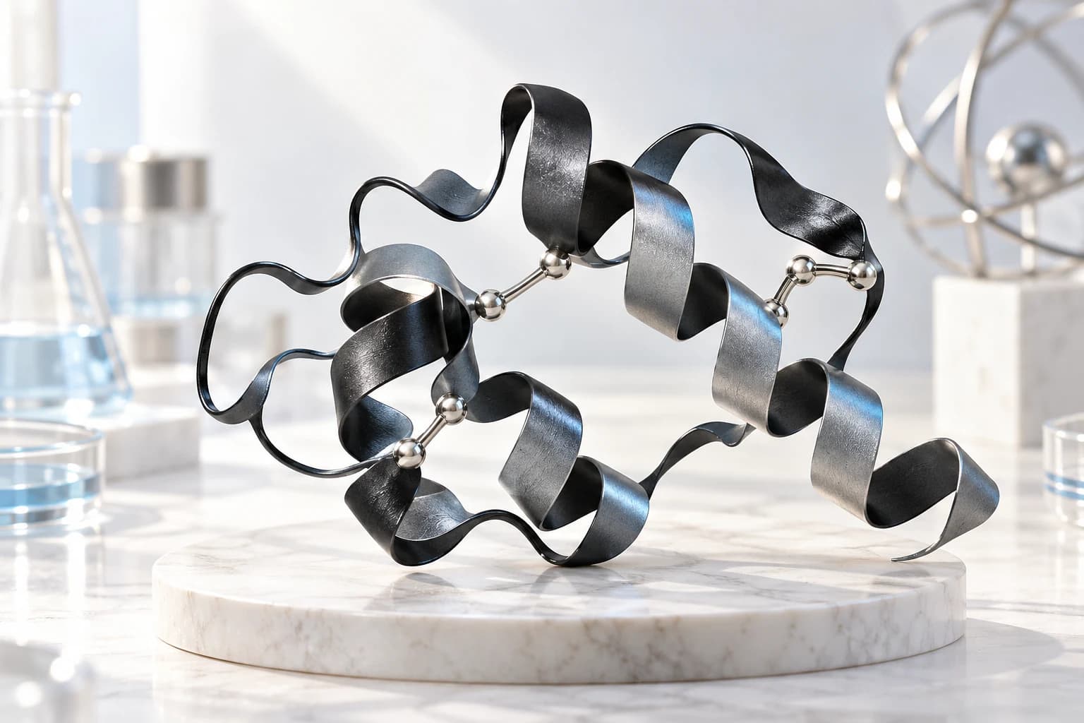 Peptide ribbon sculpture with silver bridges joining selected portions.