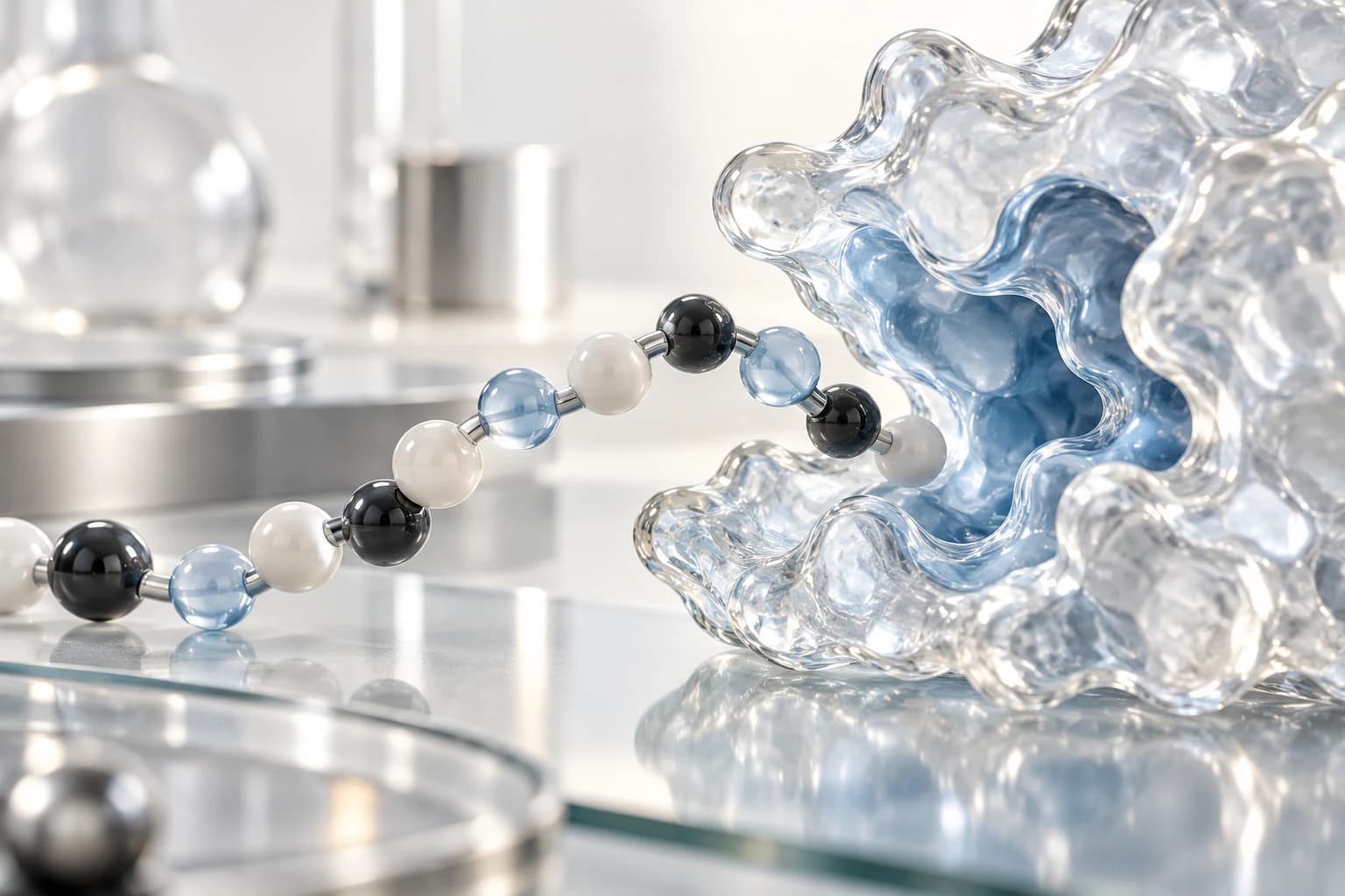 Abstract peptide bead chain positioned near a translucent protein pocket sculpture on glass.