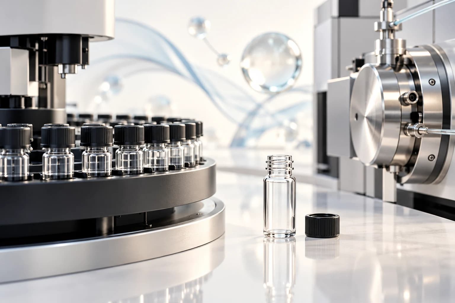Autosampler tray beside an empty clear sample vial and silver LC-MS instrument.
