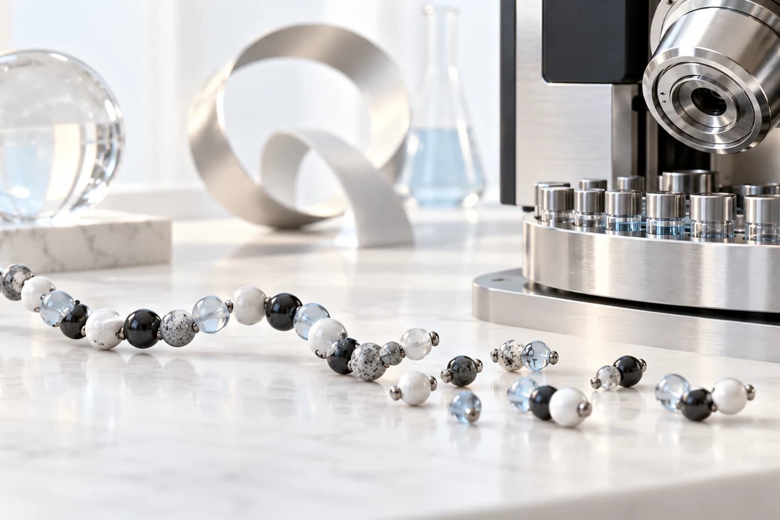 Peptide bead chain separated into short fragments beside mass spectrometry sample holder.