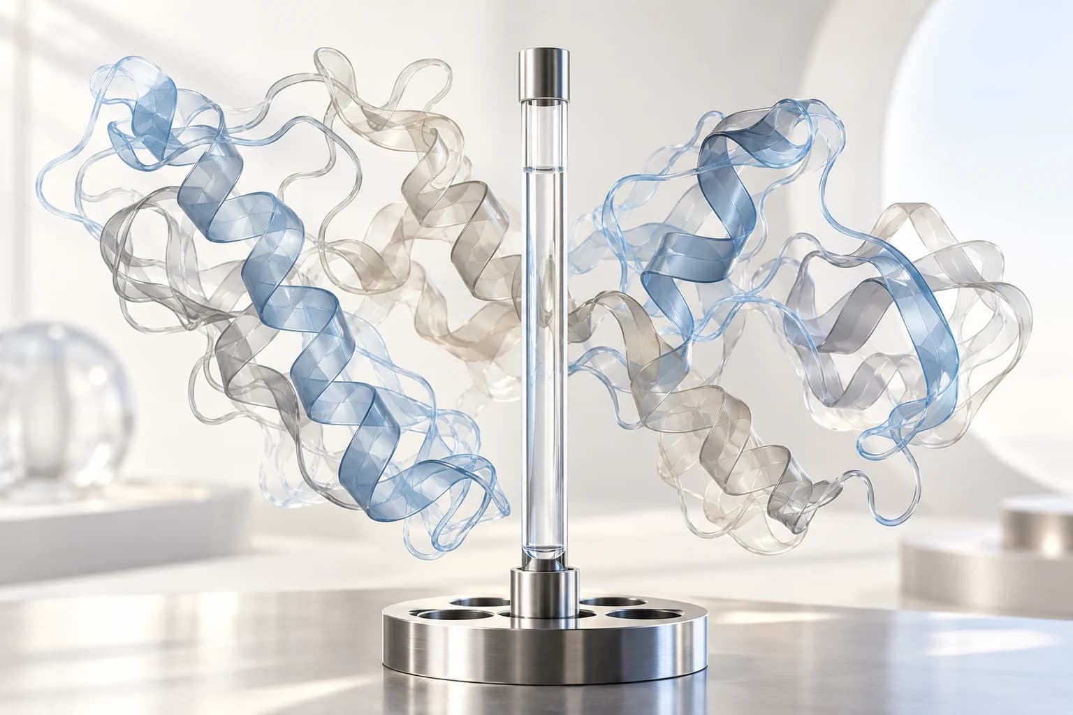 Translucent overlapping ribbon-like sculptural conformers floating beside a silver NMR sample tube.