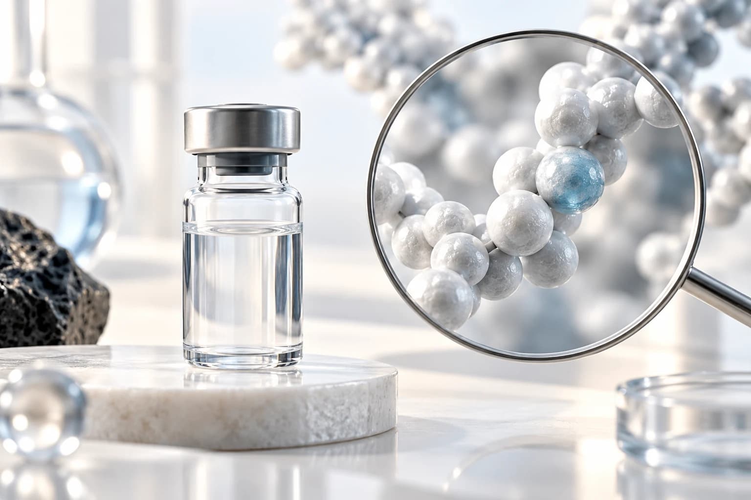 Clear sample vial beside a magnified conceptual molecular surface with one subtly altered bead.