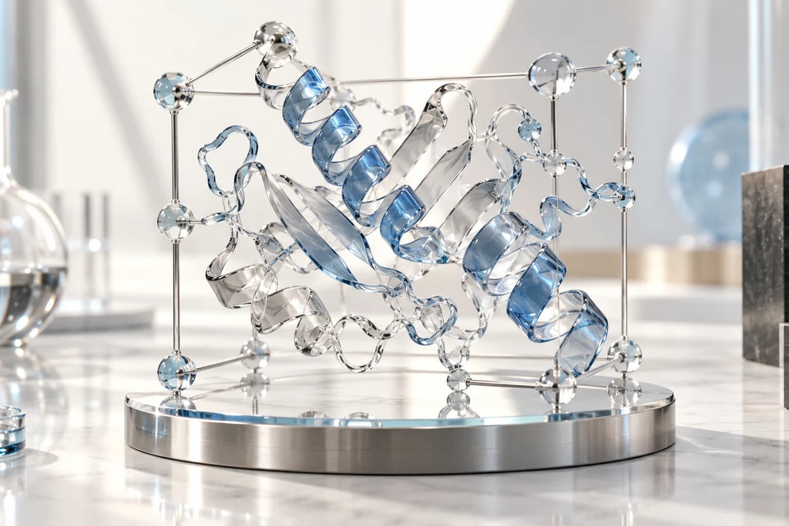Transparent molecular ribbon sculpture with a glass coordinate framework.
