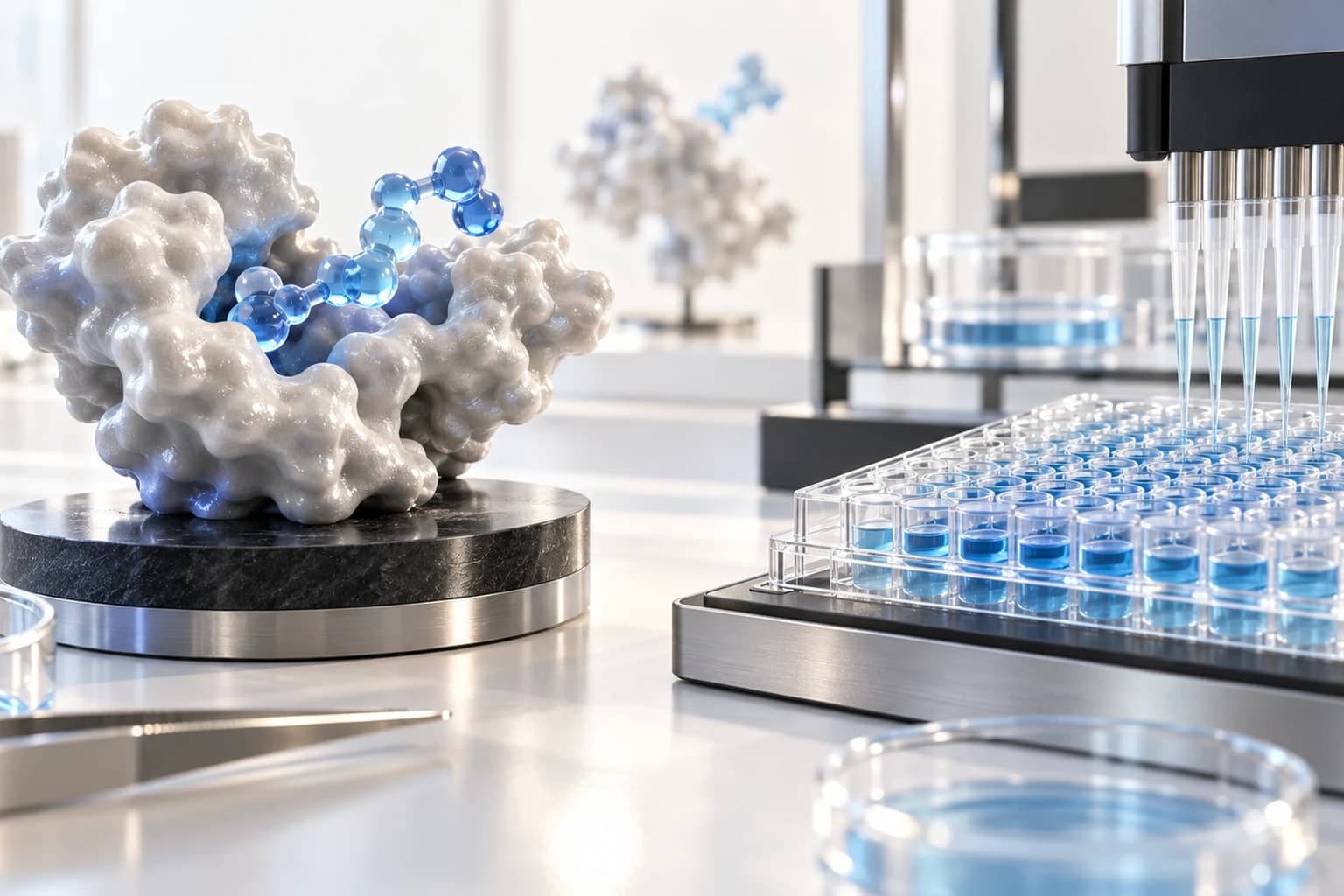 Two distinct laboratory stations: molecular binding model and cell culture microplate.