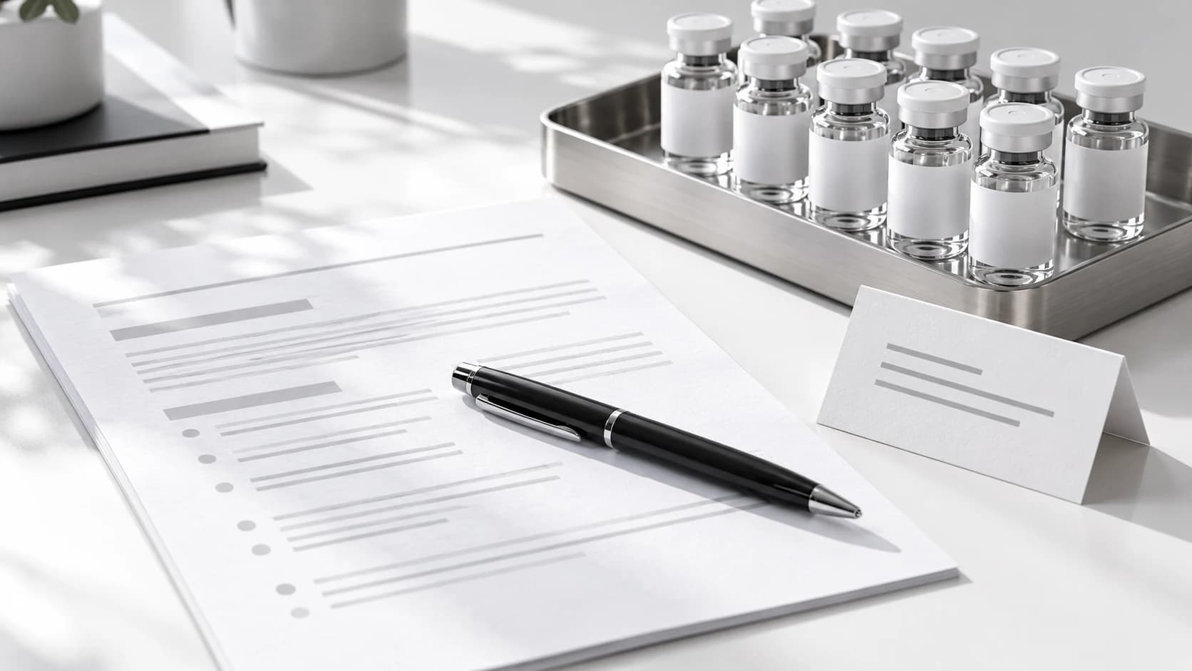Issue-review papers and black pen beside a neatly arranged research vial tray.