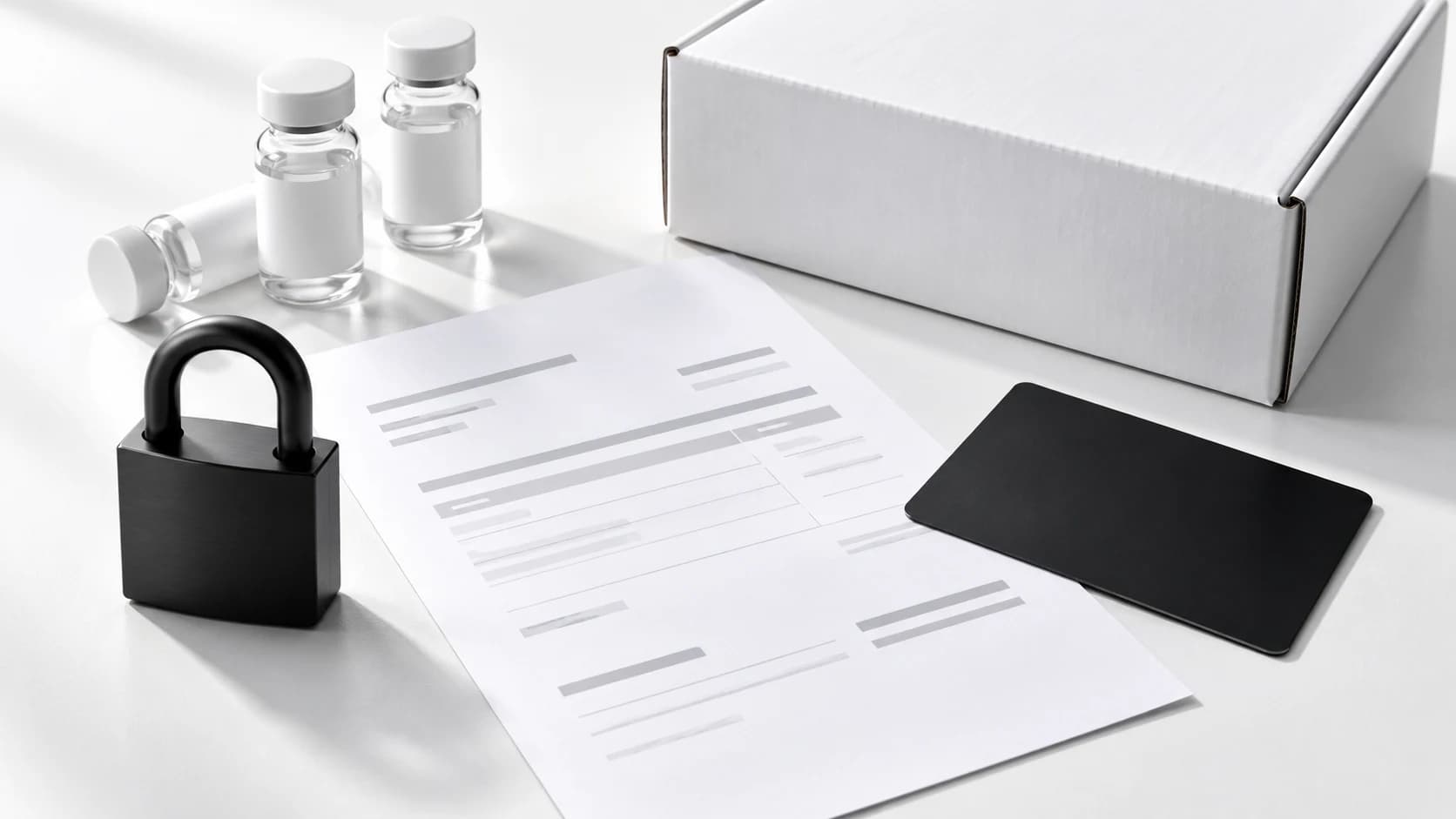 Black padlock beside an abstract invoice and research supply Kit.