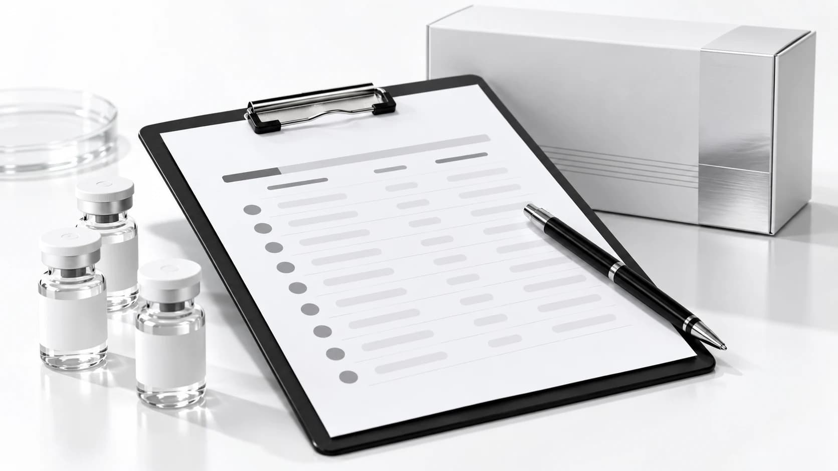 Supplier review clipboard and pen beside a sealed research reagent Kit.