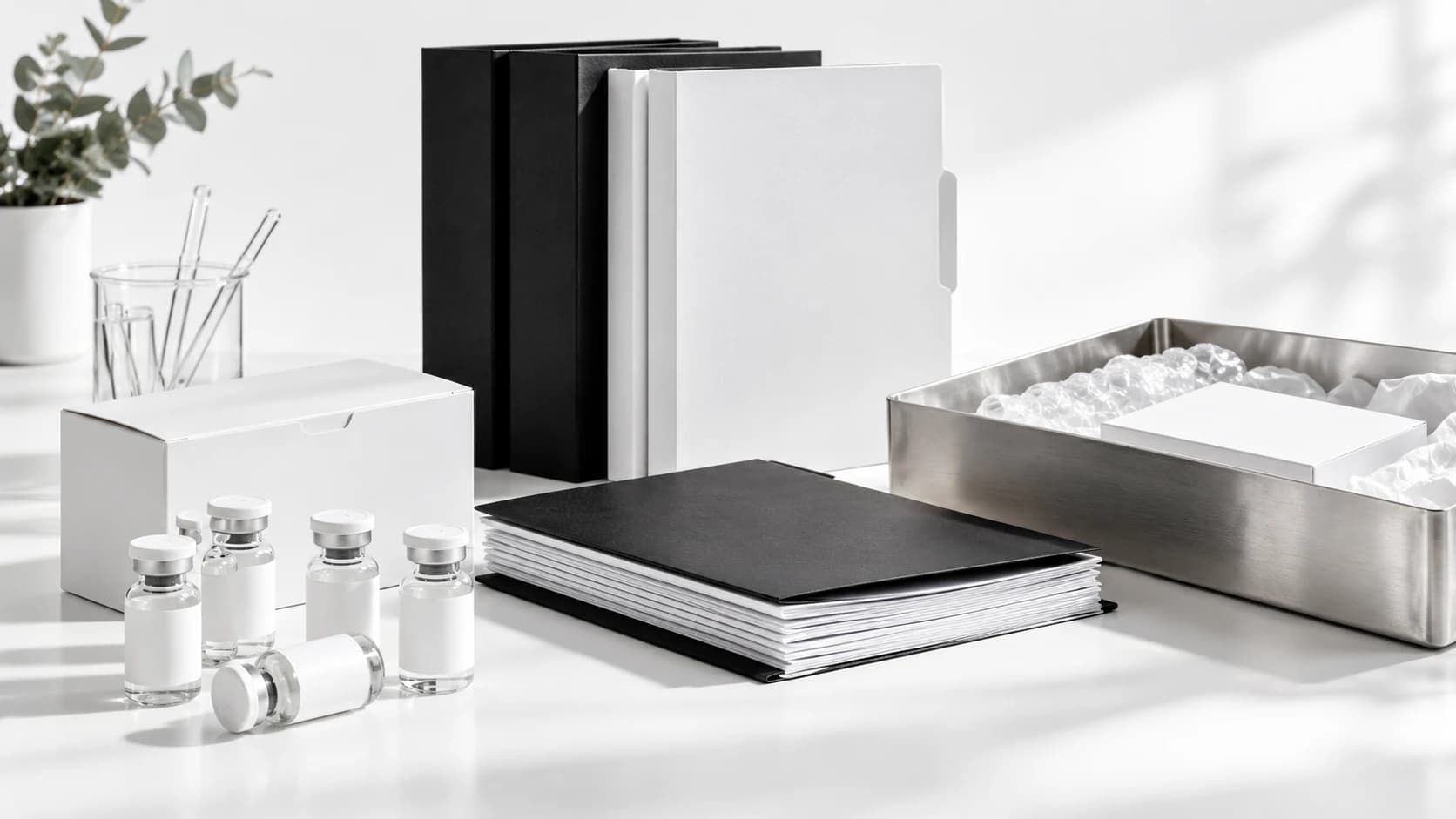 Research vials, packaging, shipping tray, and folders grouped by supply responsibility.