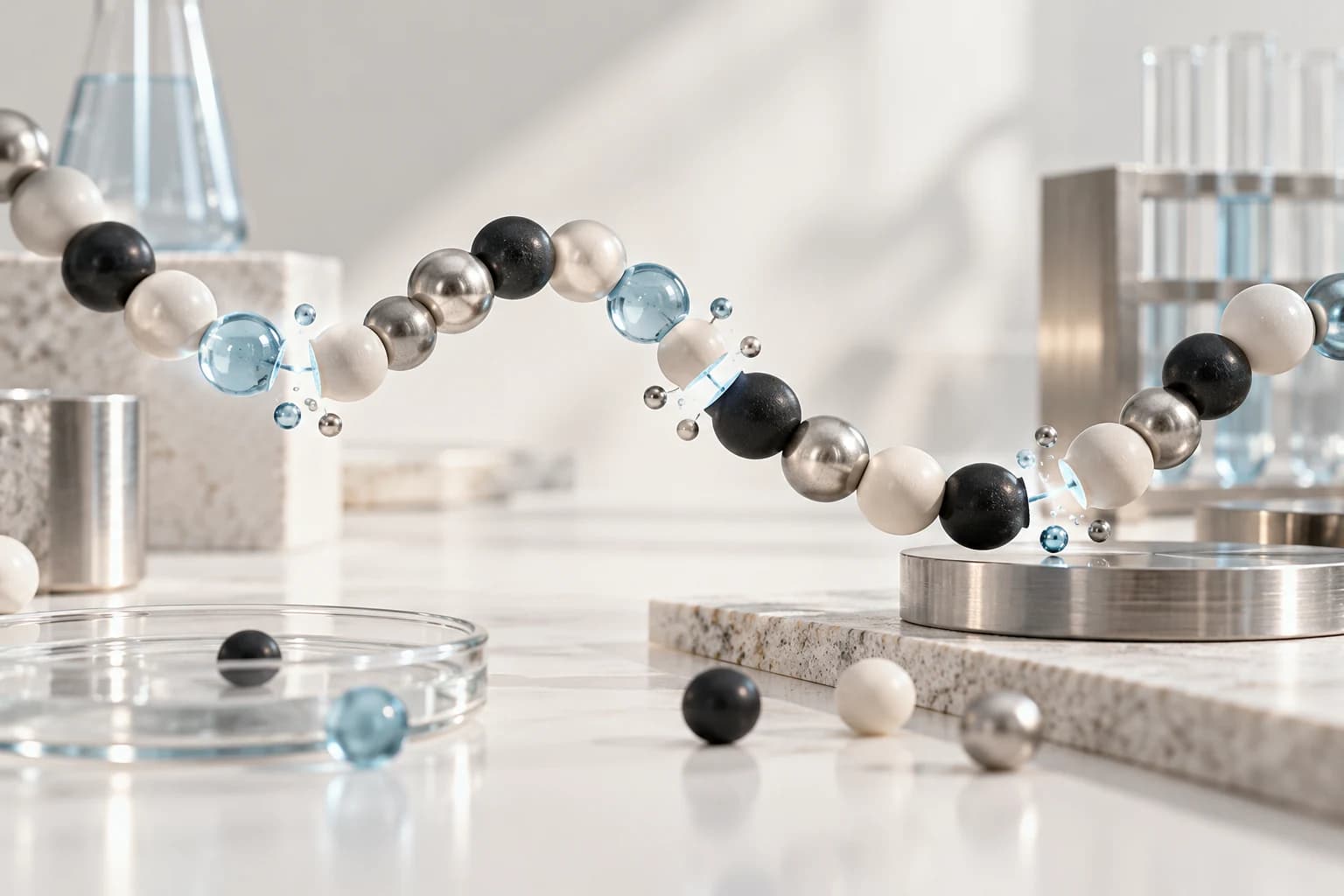 Abstract peptide chain with several planned break points indicated by separated beads.