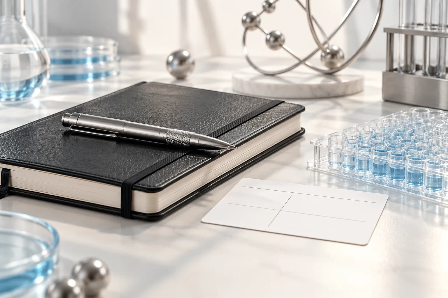 Closed research notebook with pen and blank timestamp card beside a microplate.