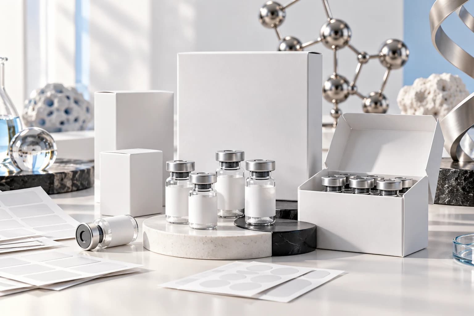 Blank white research reagent packaging with silver capped vials and label sheets.