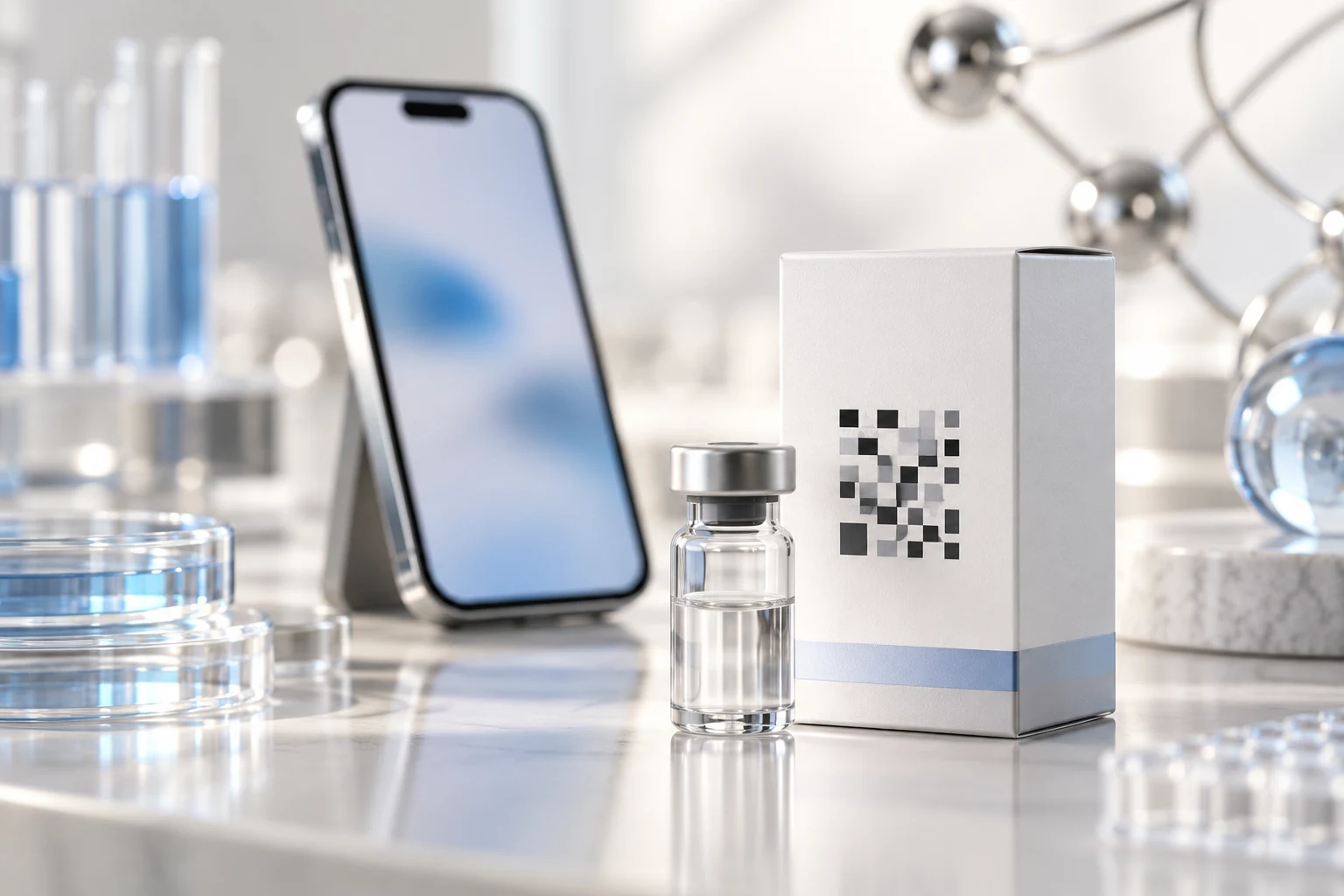 Phone with defocused screen beside research carton with nonfunctional abstract square matrix pattern.