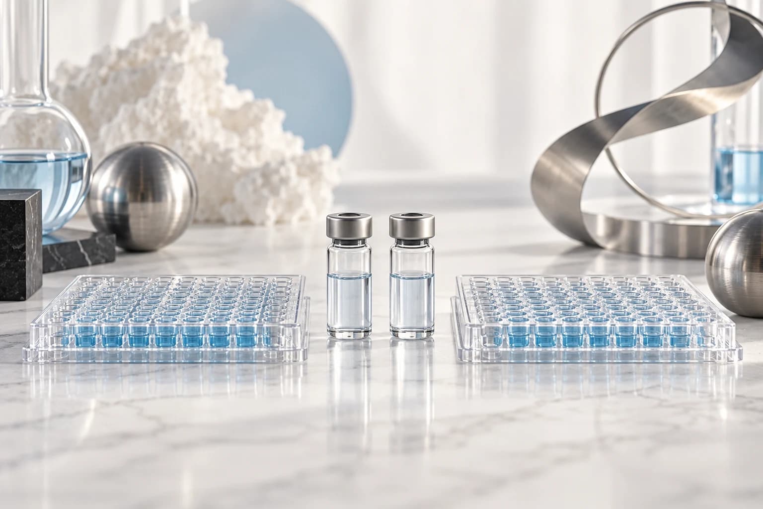 Two matching sample tubes and parallel microplates for laboratory material comparison.