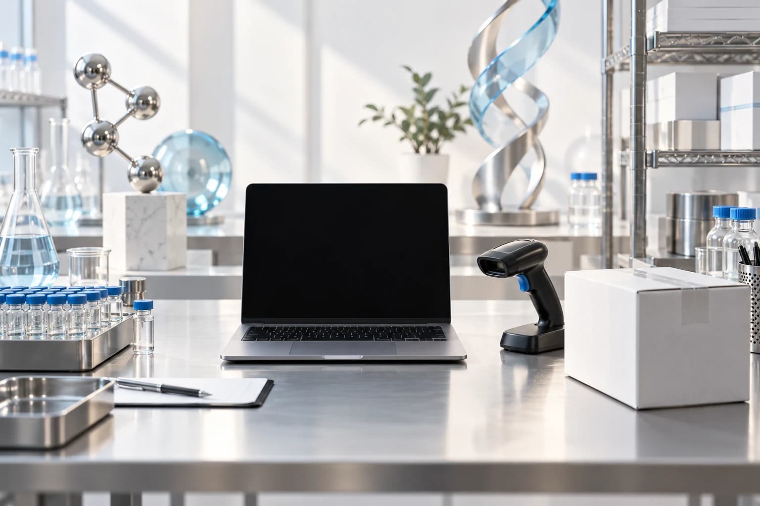 Clean packing station with blank laptop, barcode scanner and research carton.