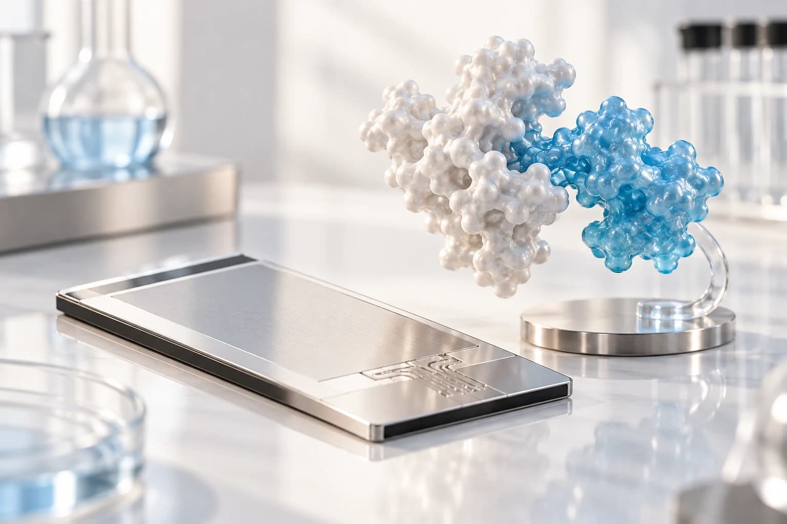 Silver optical sensor chip beside a conceptual molecular binding sculpture.