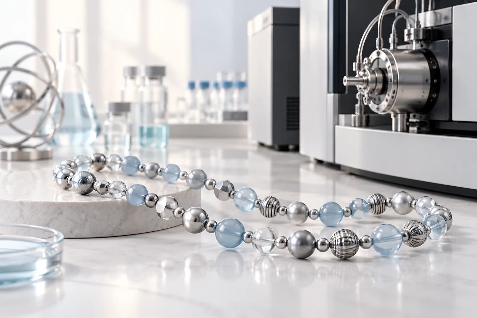Two matching bead chains with several different silver and pale blue beads beside mass spectrometer.