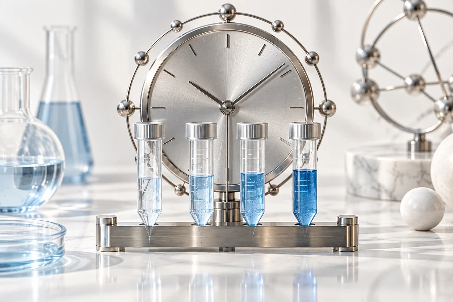 Four clear laboratory tubes arranged along an elegant stainless steel timepiece.