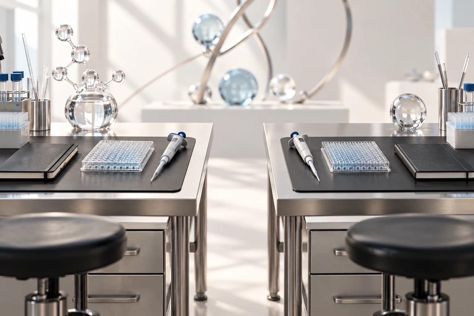 Two matched laboratory workstations with the same microplate, notebook and pipette arranged across a central gap.