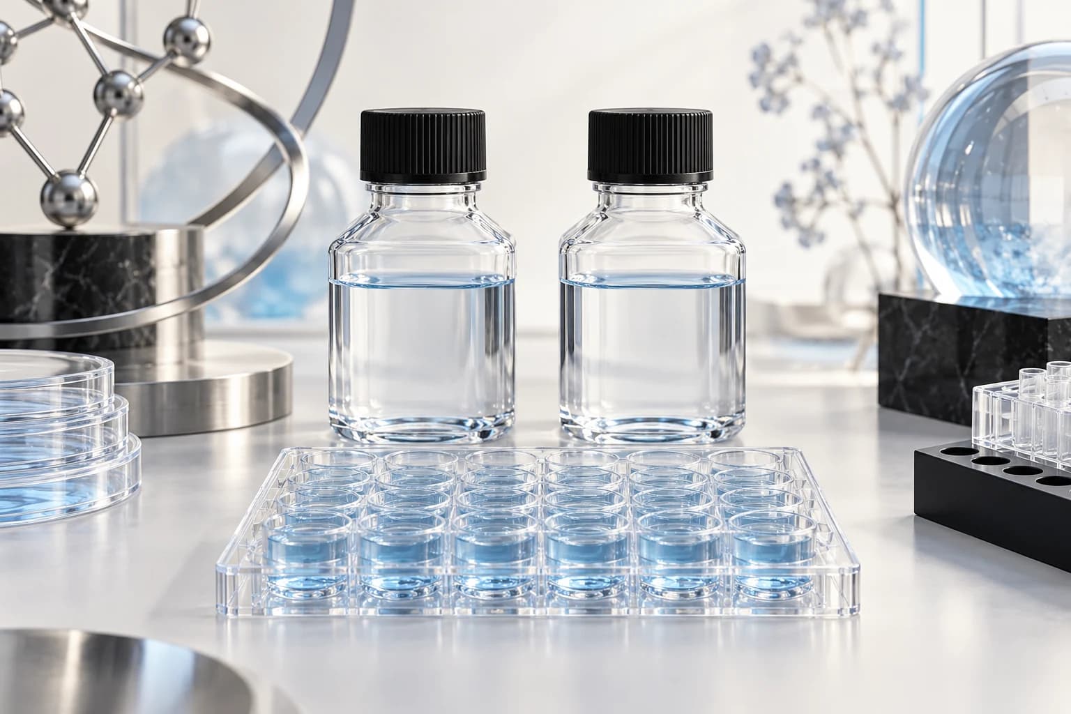 Matched culture wells and two clear reagent bottles with visibly identical carrier liquids.