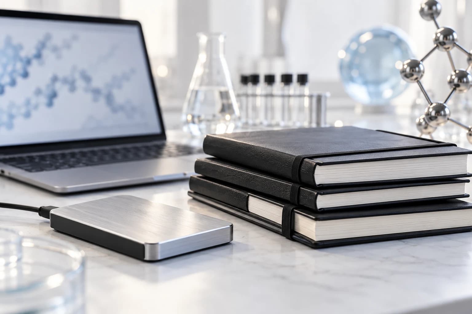 Laptop with defocused screen beside successive stacked analysis notebooks and a silver storage drive.