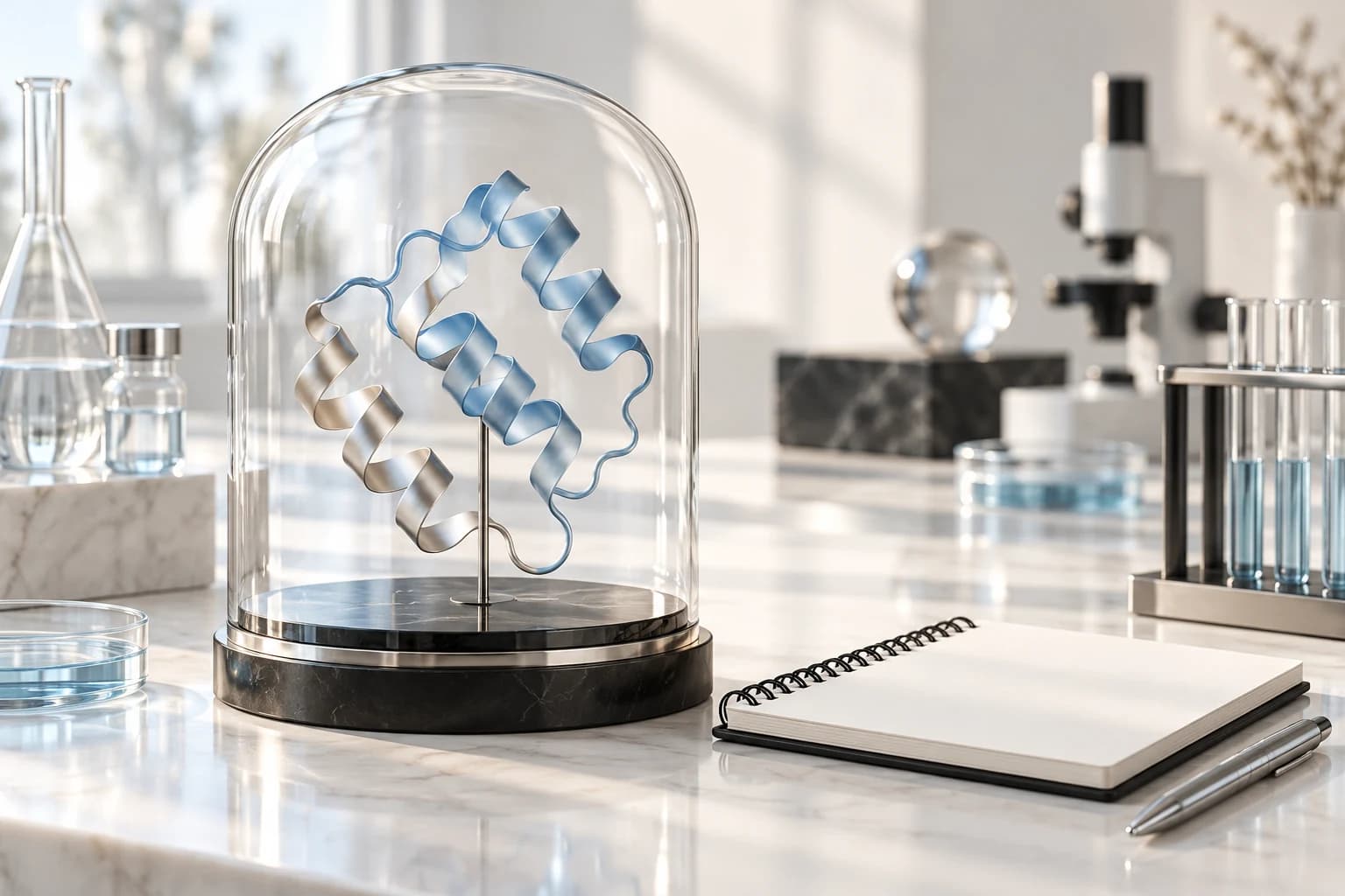 Abstract peptide ribbon sculpture in a glass display beside a blank research notebook.