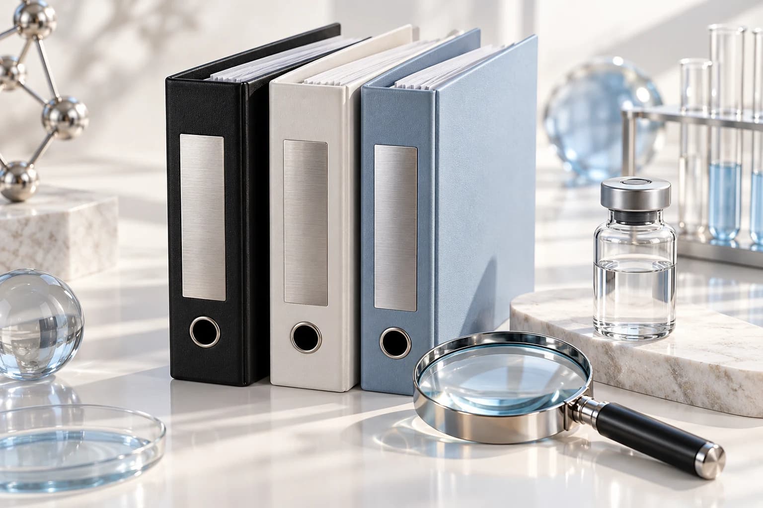 Three research supplier folders beside a magnifier and clear laboratory sample vial.