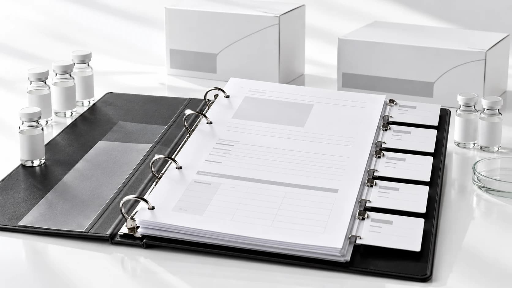 Open purchasing binder and blank release cards beside research supply Kits.