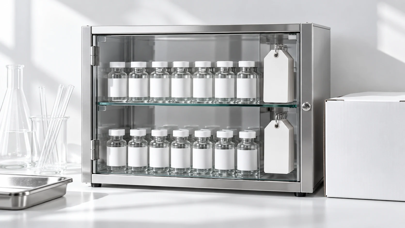 Separated shelves of research vials with blank inventory tags in a clear-front cabinet.