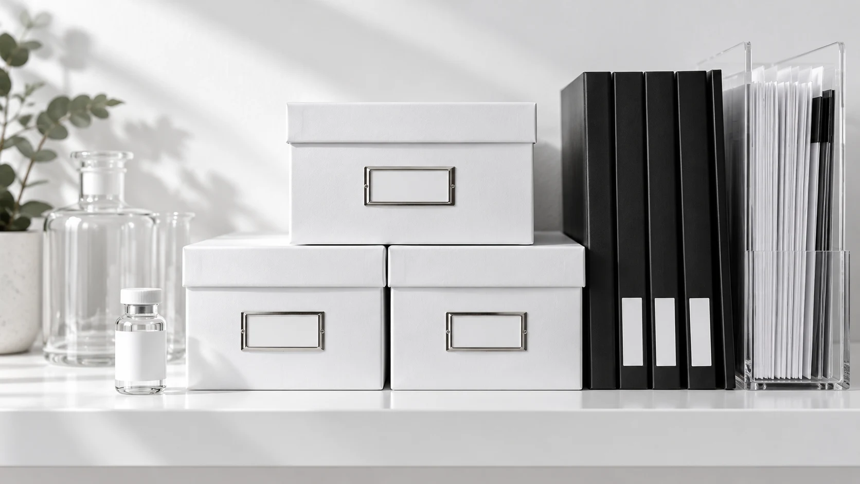 White archive containers, document sleeves, and folders for laboratory purchasing records.