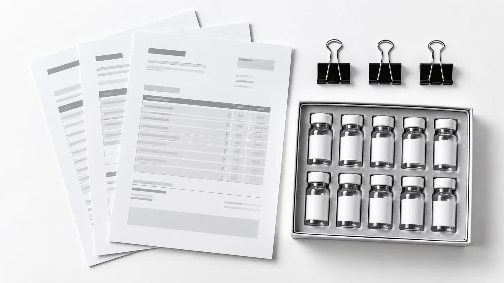Three purchasing documents arranged beside a research vial Kit for order reconciliation.