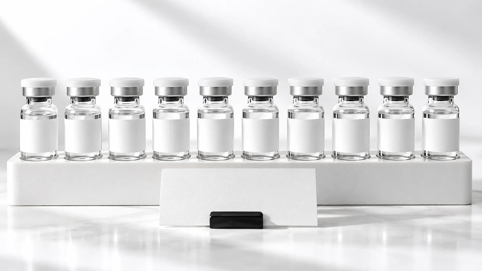 Ten sealed research vials aligned behind a blank allocation card.