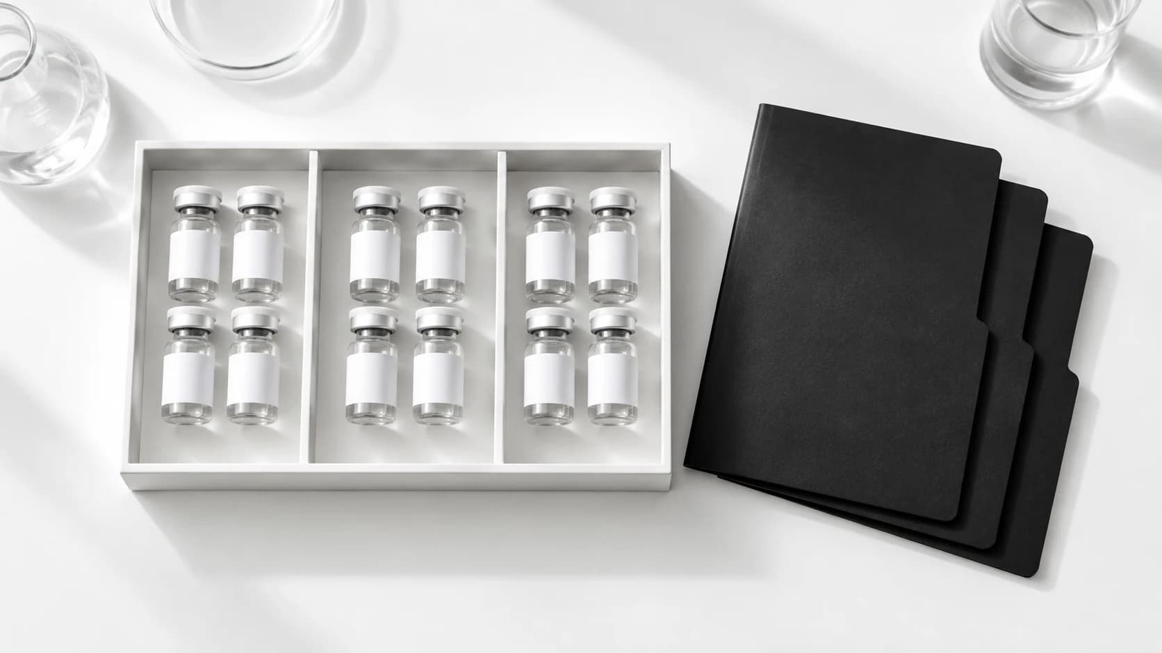 Research vials divided into project compartments beside three document folders.