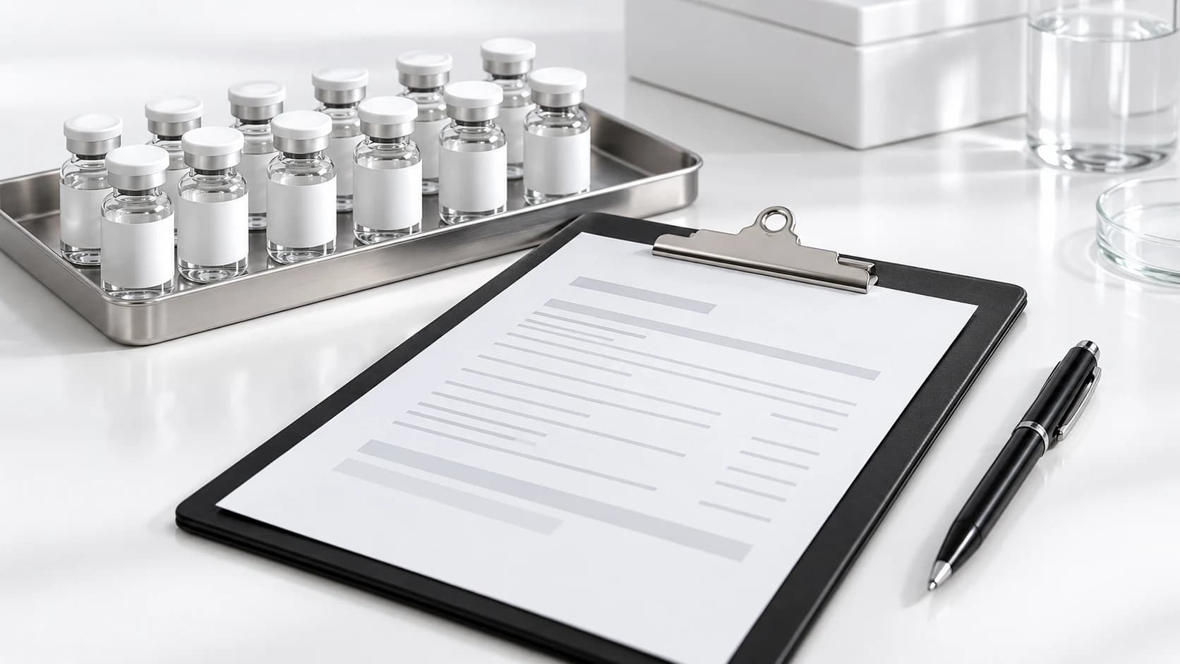 Purchase order clipboard and black pen beside a tray of sealed research vials.