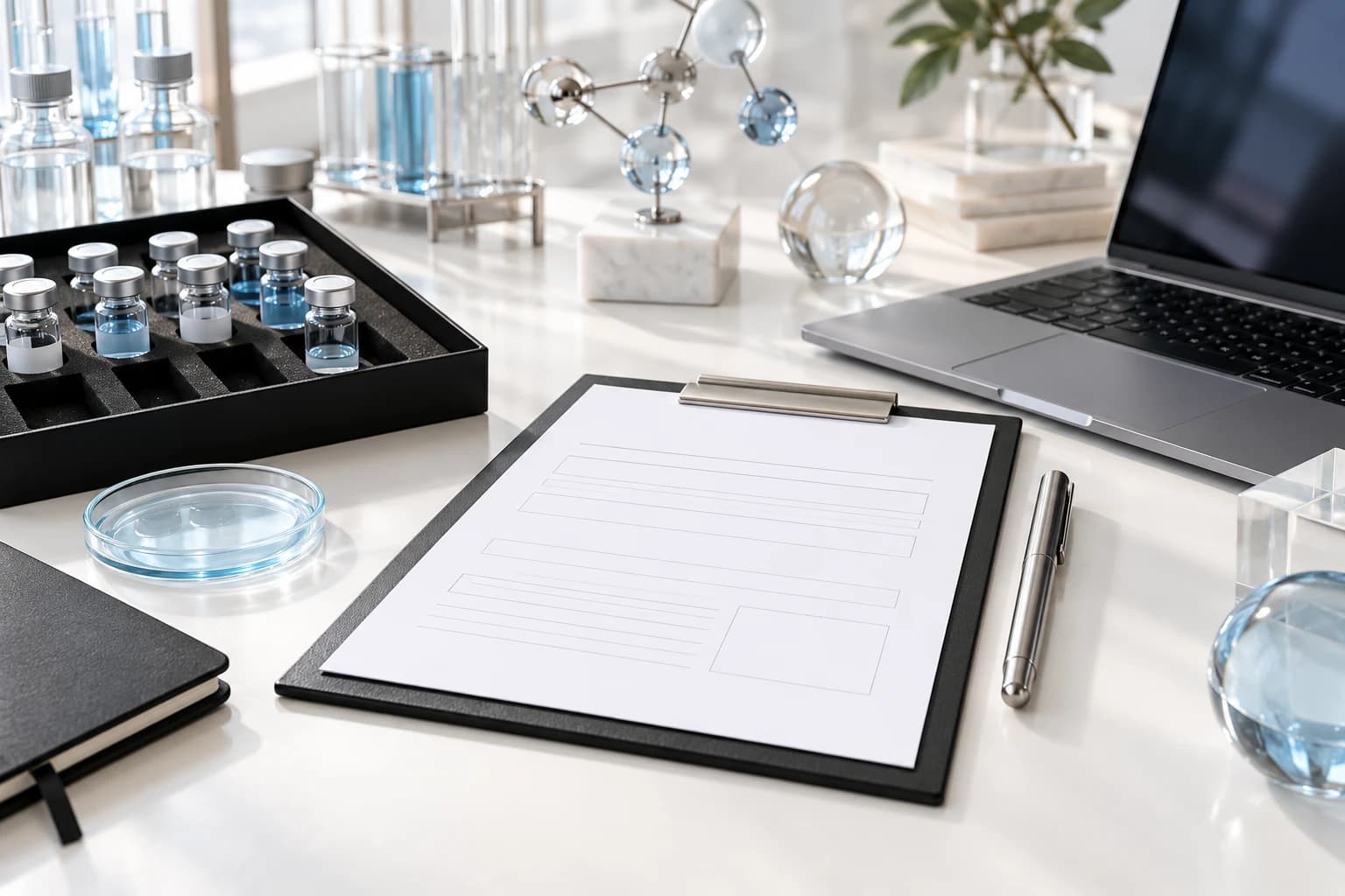 Blank quote request form beside laptop and neatly arranged research vial Kit.