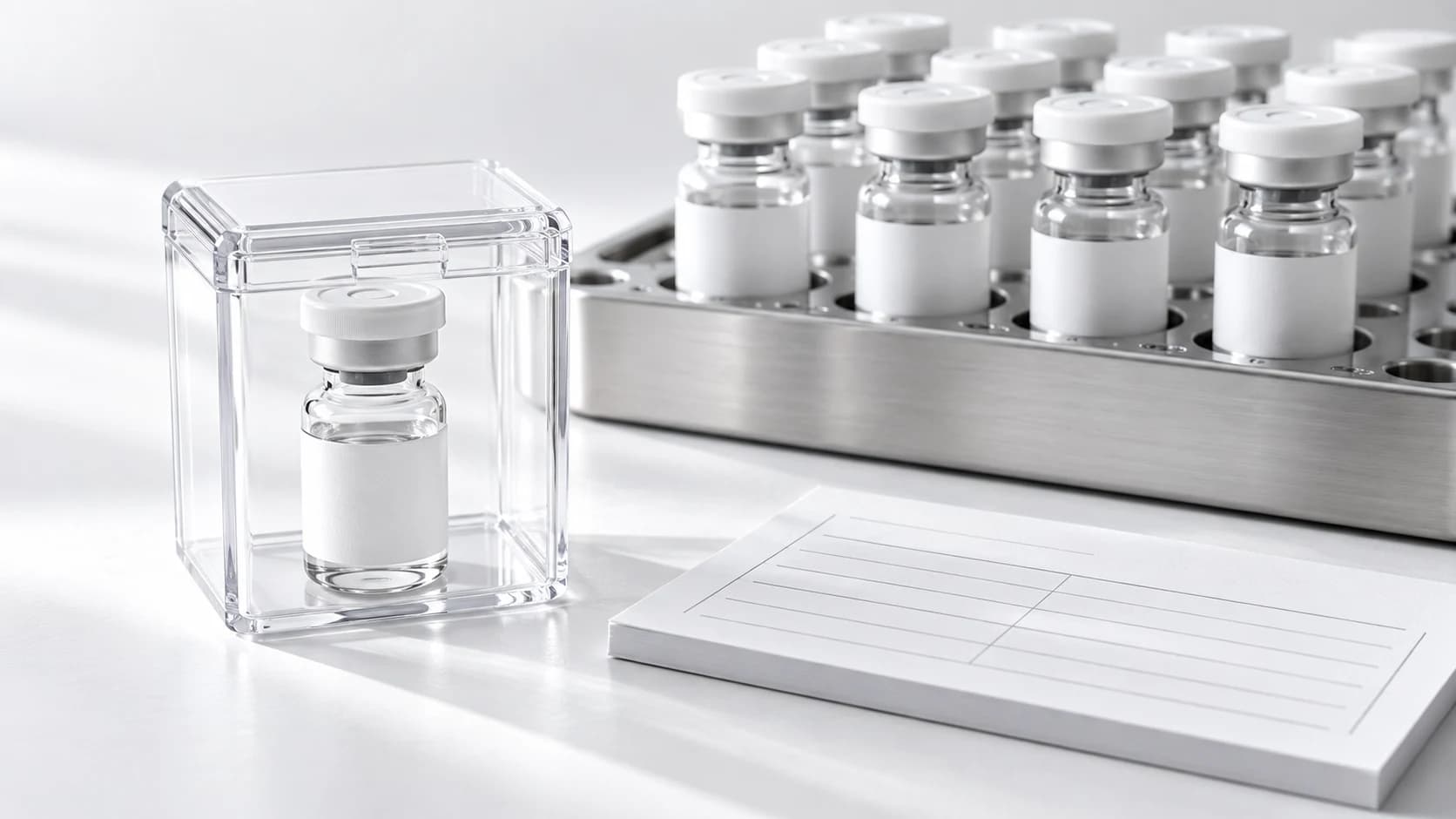A retained research vial in a protective clear container beside a larger vial rack.