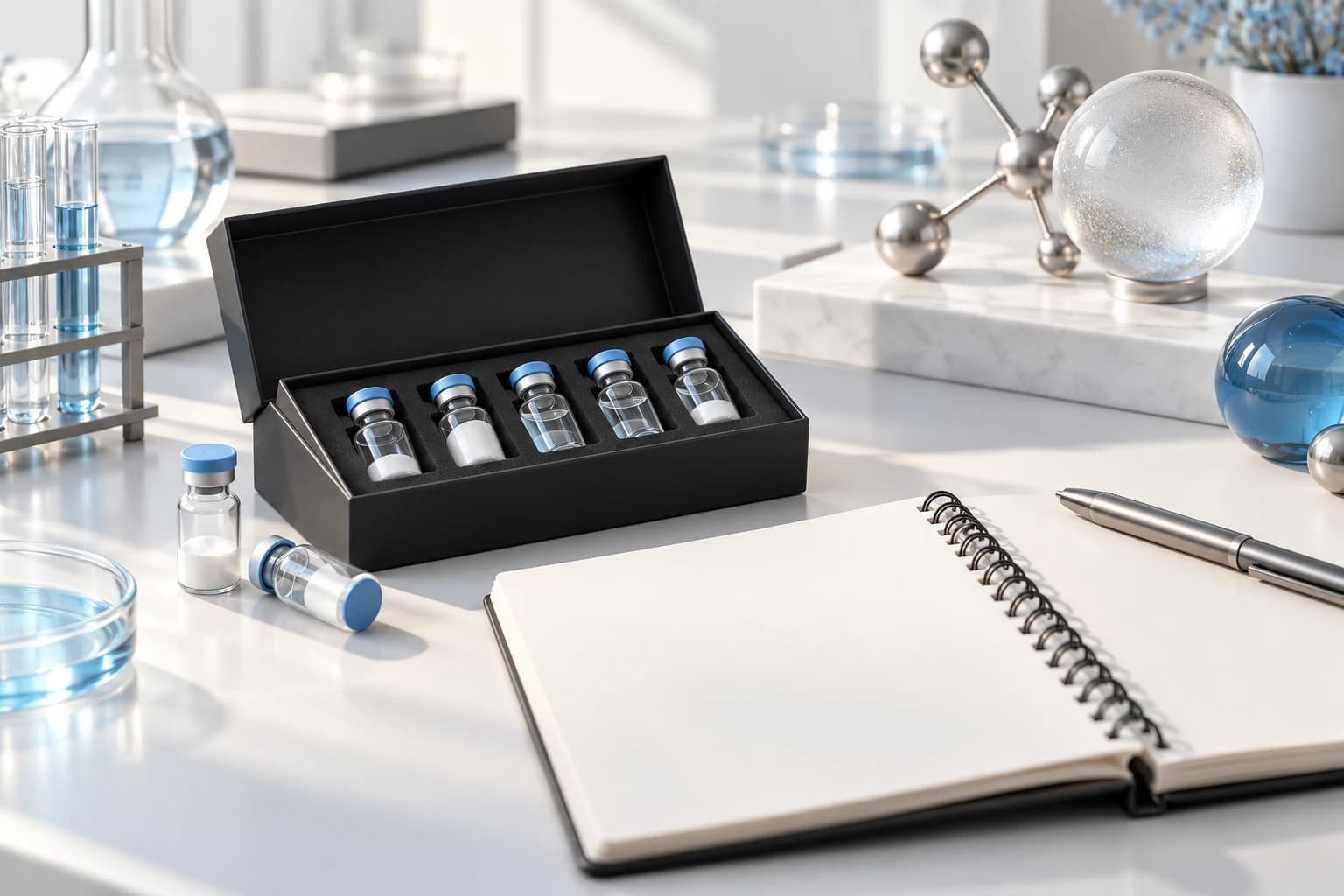 Editorial illustration of blue-capped laboratory vials in an open storage case beside a blank notebook and pen.