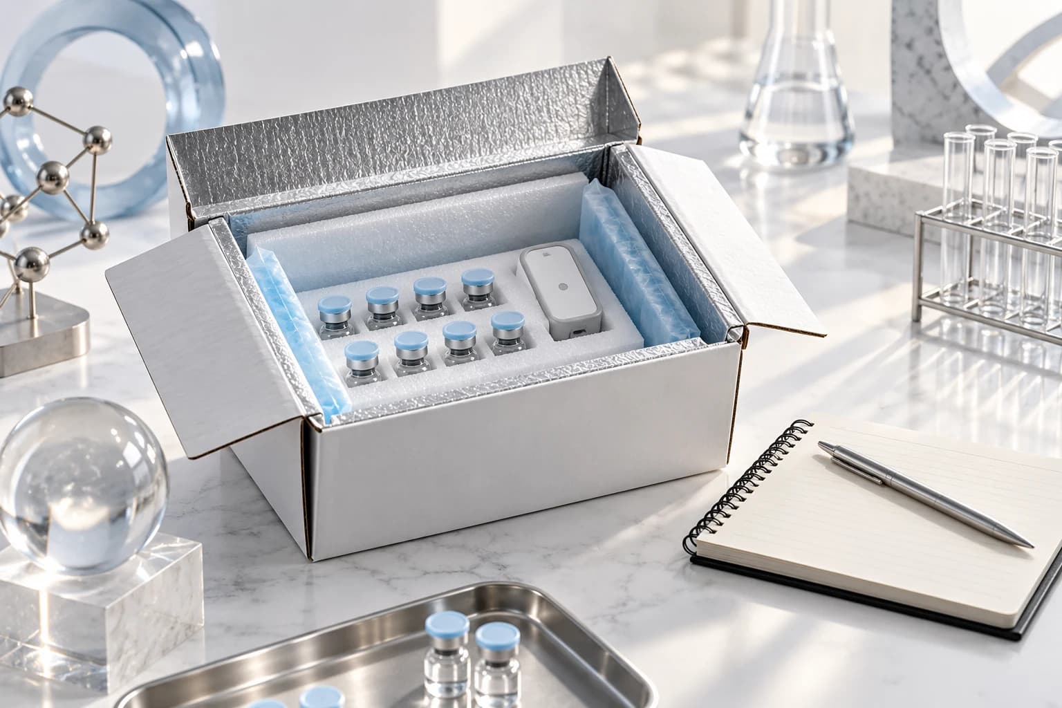 Insulated research shipping carton with capped vials, temperature logger and receiving notebook.