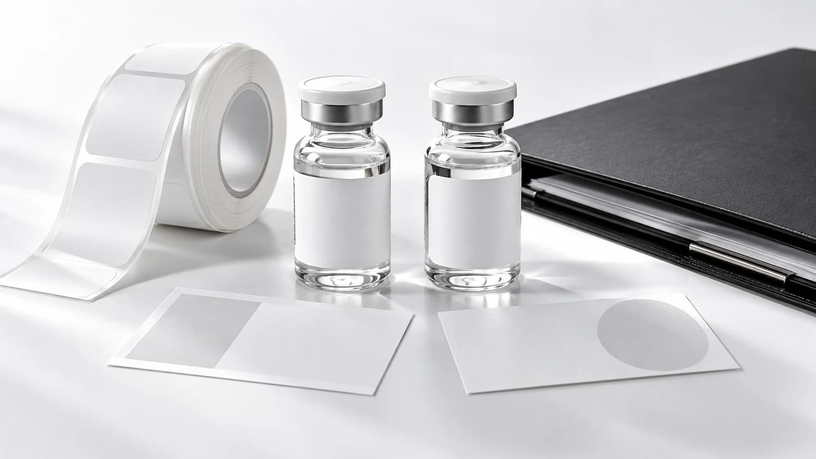 Research vials, blank label variations, and a record folder for supplier changes.