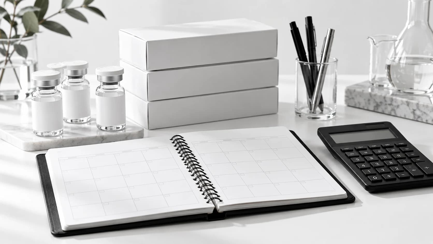 Blank planning calendar, calculator, and research Kits for purchasing budgets.