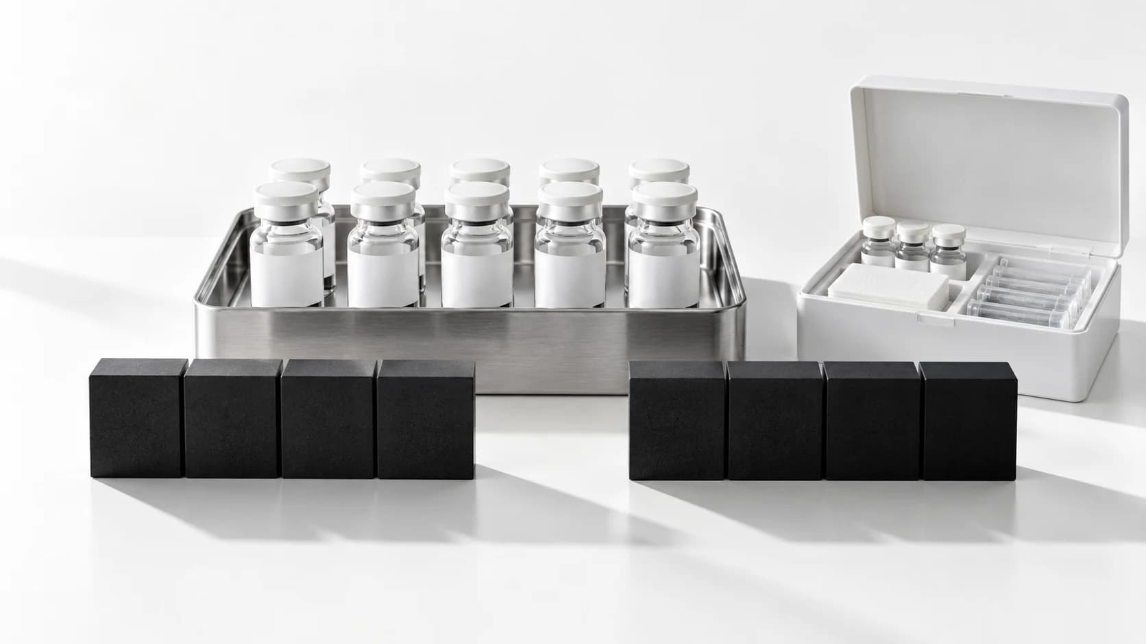 Planning blocks with a gap beside a research vial tray and spare supply Kit.