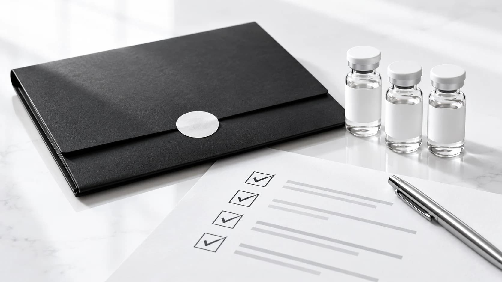 Sealed specification folder and abstract checklist beside matching research vials.