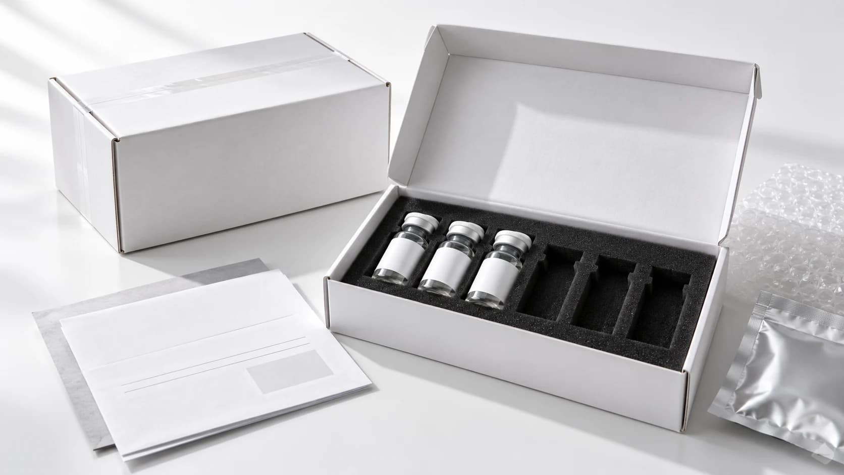 Partly filled research vial Kit beside a closed shipping carton and dispatch papers.
