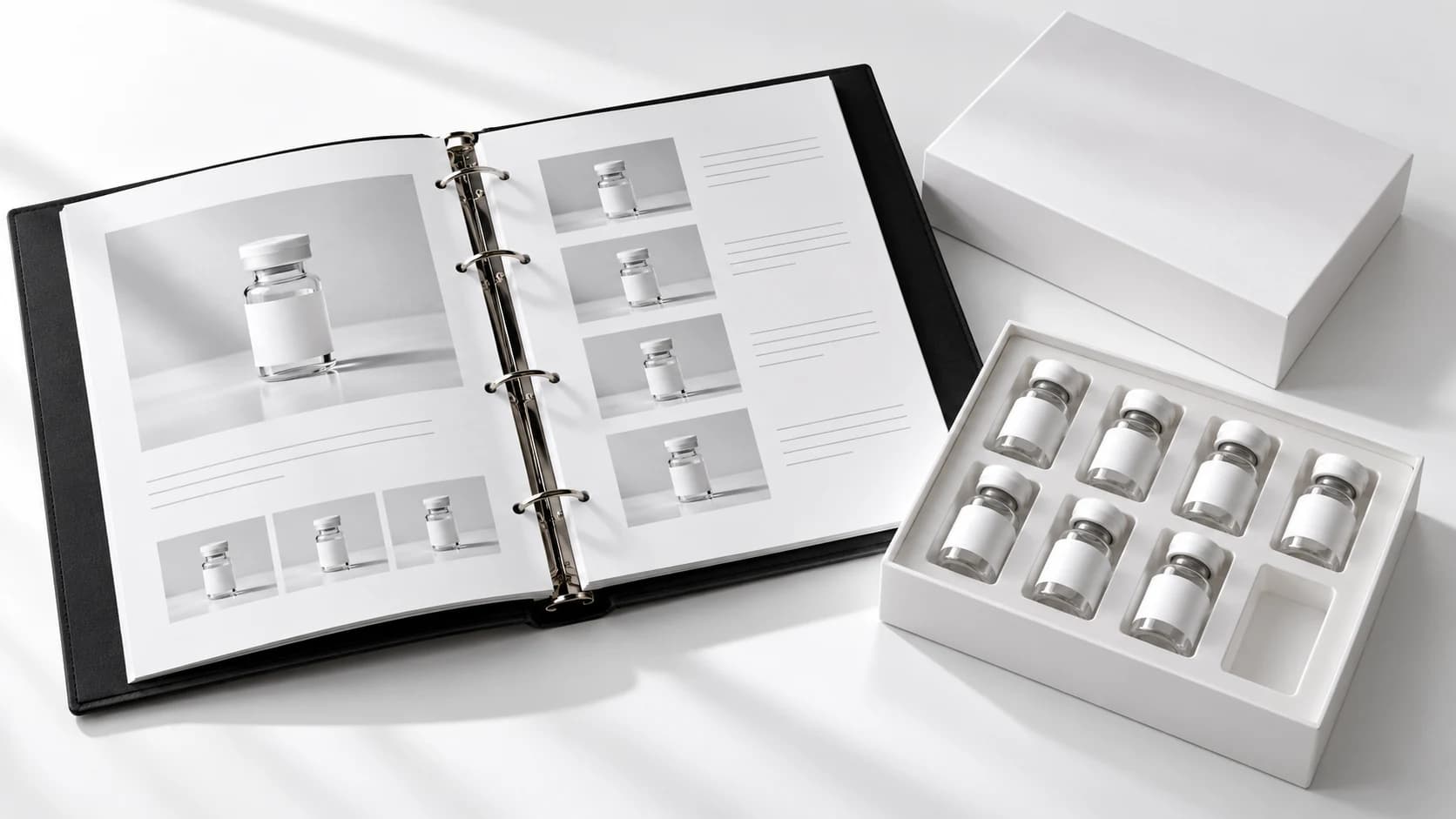 Editorial illustration of an open vial catalog beside a storage tray holding vials with one empty slot.