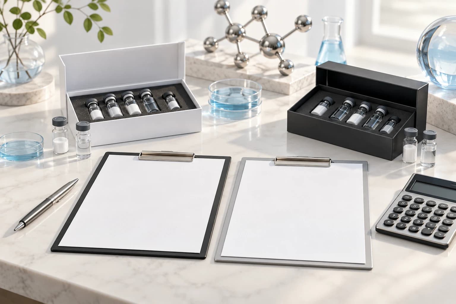 Two blank quotation sheets on a desk beside matching reagent Kits and calculator.
