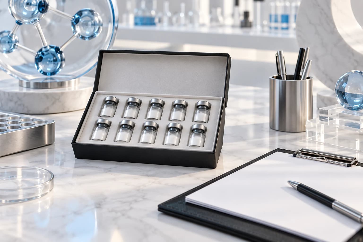 Editorial illustration of ten sealed laboratory vials in an open storage case beside a blank clipboard and pens.